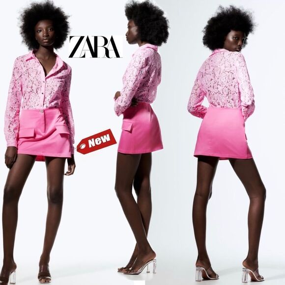 𝅺ZARA pink satin effect mini skirt Sz M NWT - Picture 1 of 12